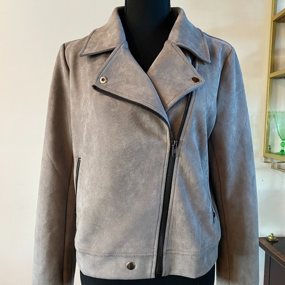 Size M Womens Light Gray Allegra K Faux Suede Jacket